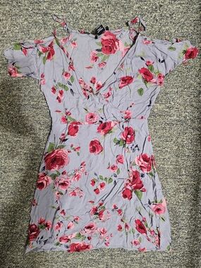 Angie Lavender Cold-Shoulder Mini Dress with Pink Rose Print